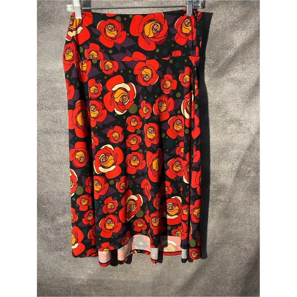 LuLaRoe Azure Midi Skirt XL Black Red Orange Yellow Roses Floral A-Line